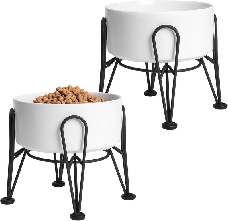 Kitwinney Elevated Dog Bowls, Ceramic Raised Dog Bowl Set with Anti-Slip and Non-Tip Metal Stand, 2 Pack Pet Food and Water Feeding Bowls for Small and Medium Dogs (White,3.6 Cups) - Image 1
